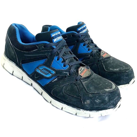 Skechers Work Shoe 13 Steel Alloy Toe Non Slip Leather Flex 2412 Black Blue - Picture 4 of 12